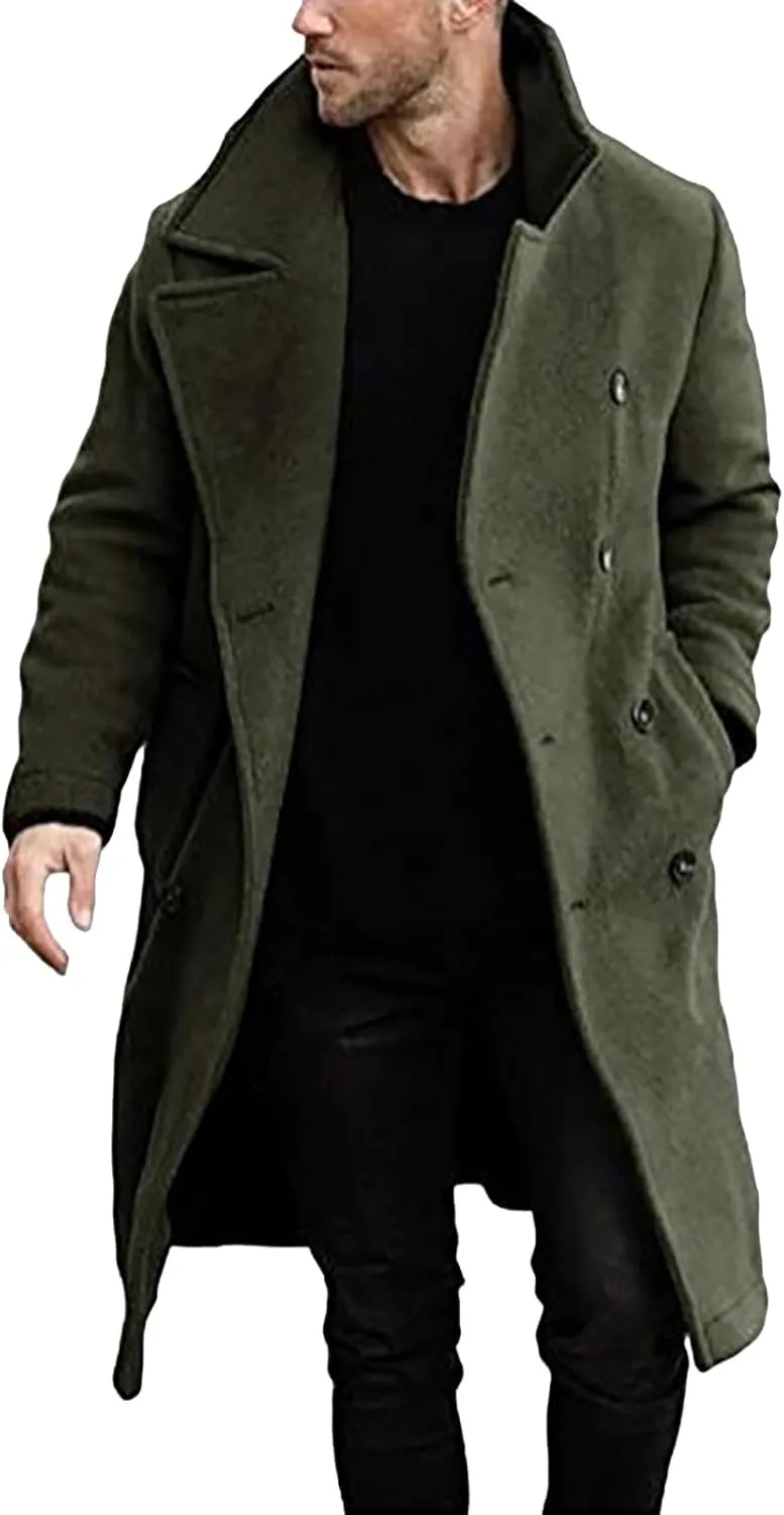 Mens Double Breasted Trench Coat Full Length Classic Black Faux Leather Long Coat Soft Scarf Single Breasted Pea Coat