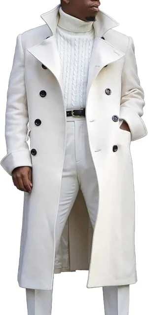 Mens Double Breasted Trench Coat Full Length Classic Black Faux Leather Long Coat Soft Scarf Single Breasted Pea Coat