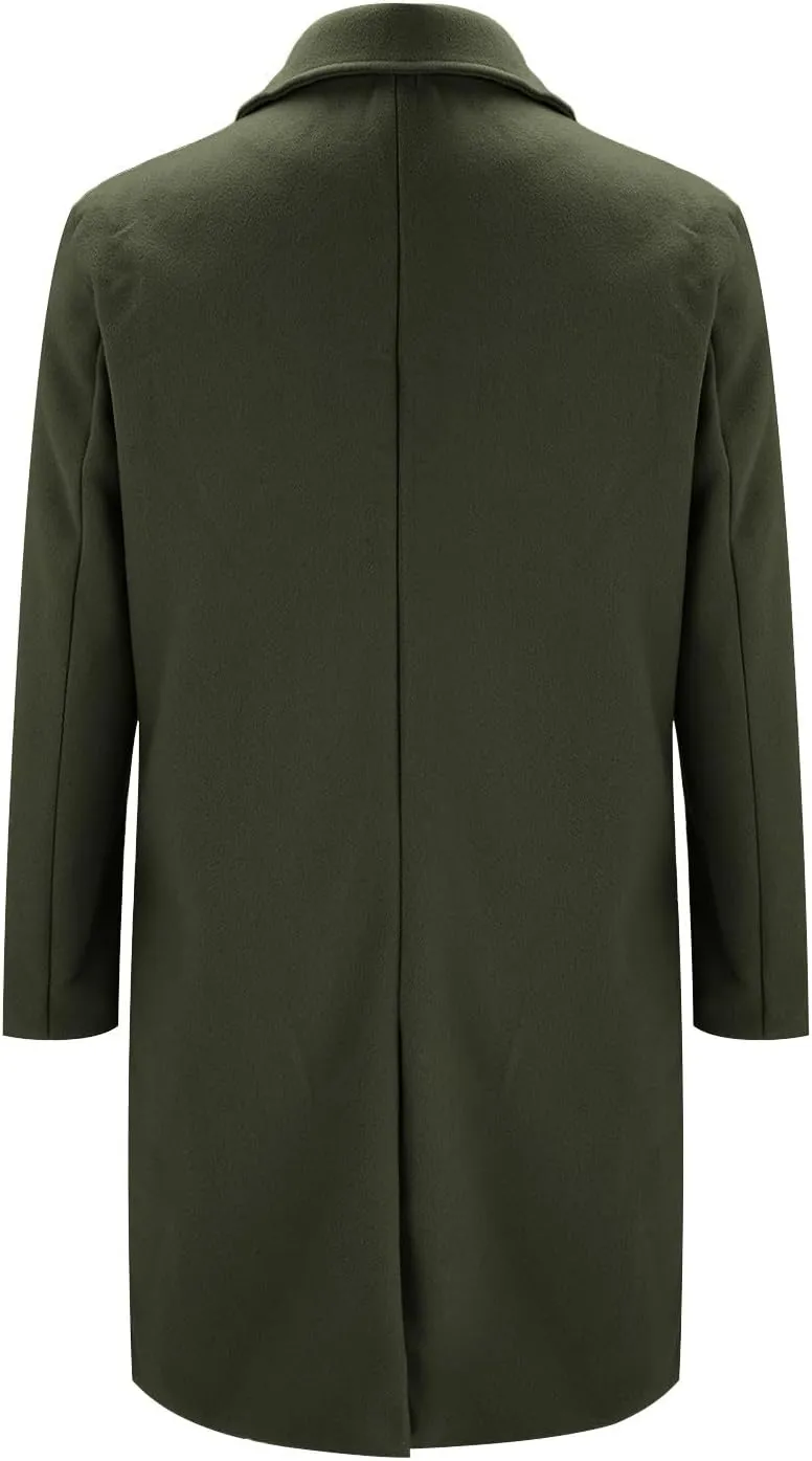 Mens Double Breasted Trench Coat Full Length Classic Black Faux Leather Long Coat Soft Scarf Single Breasted Pea Coat
