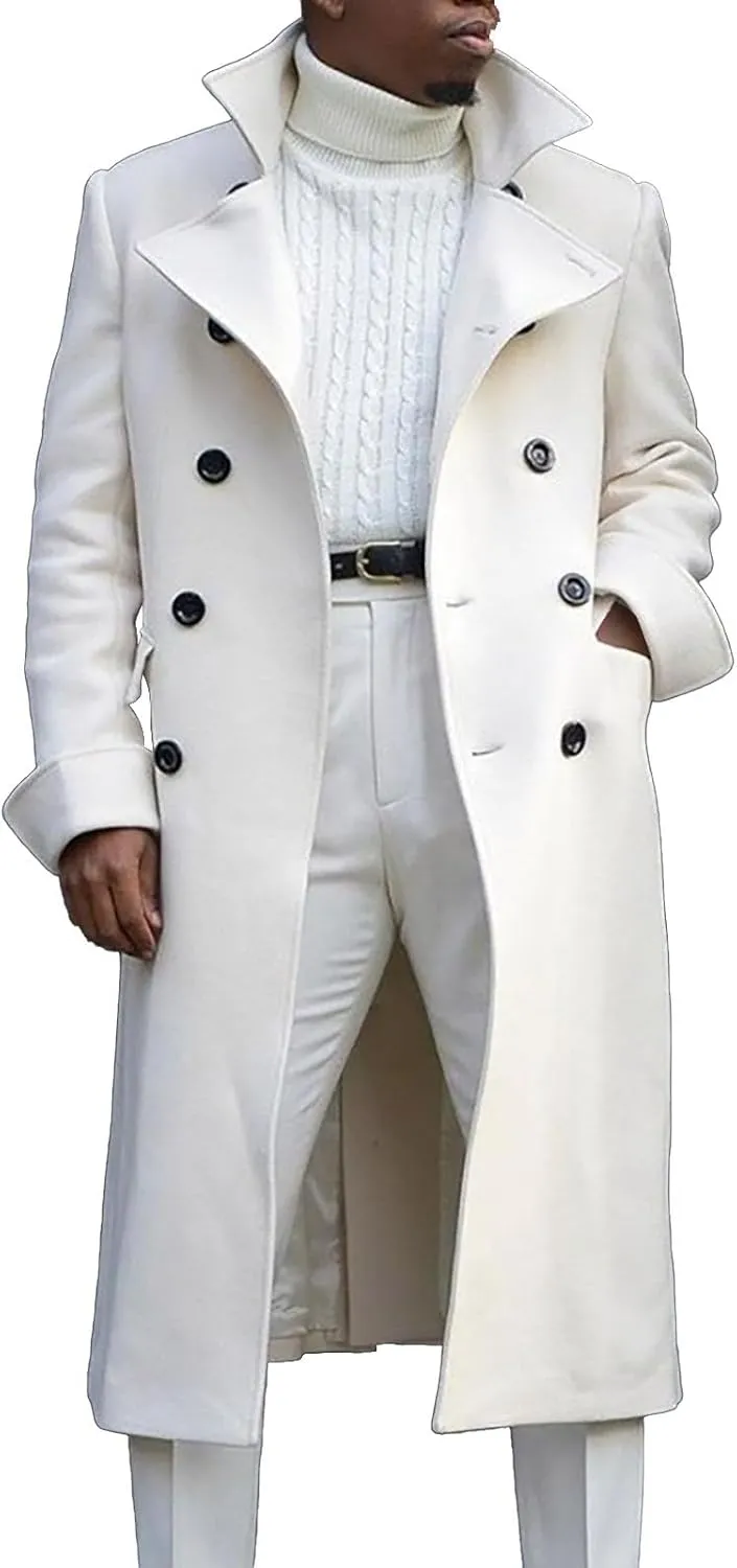 Mens Double Breasted Trench Coat Full Length Classic Black Faux Leather Long Coat Soft Scarf Single Breasted Pea Coat