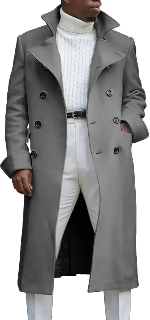 Mens Double Breasted Trench Coat Full Length Classic Black Faux Leather Long Coat Soft Scarf Single Breasted Pea Coat