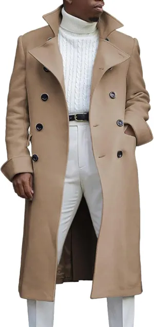 Mens Double Breasted Trench Coat Full Length Classic Black Faux Leather Long Coat Soft Scarf Single Breasted Pea Coat