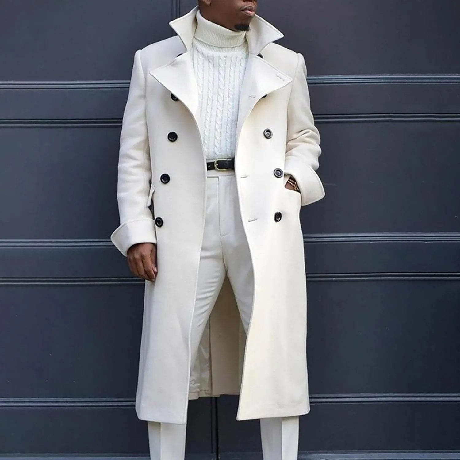Mens Double Breasted Trench Coat Full Length Classic Black Faux Leather Long Coat Soft Scarf Single Breasted Pea Coat