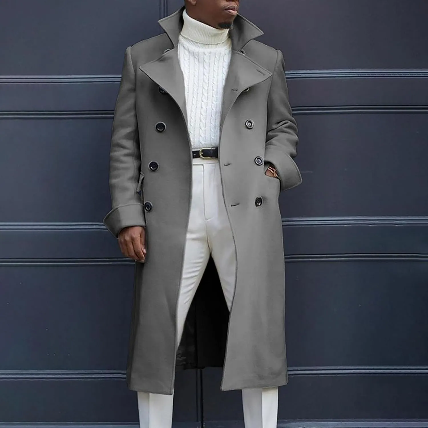 Mens Double Breasted Trench Coat Full Length Classic Black Faux Leather Long Coat Soft Scarf Single Breasted Pea Coat