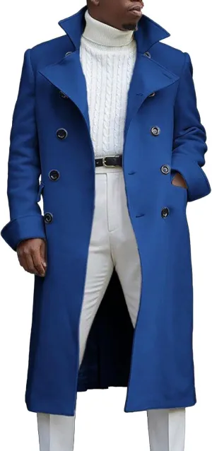 Mens Double Breasted Trench Coat Full Length Classic Black Faux Leather Long Coat Soft Scarf Single Breasted Pea Coat