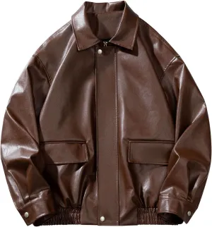 Mens Faux Leather Biker Jacket Vintage Full Zip Motorcycle Jackets PU Lightweight Punk Loose Coat with Pockets