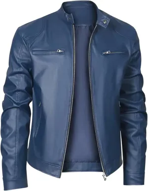 Mens Faux Leather Jacket Fall Full Zip Up Jacket Lightweight Stand Collar Motorcycle Bike Jacket with Pockets