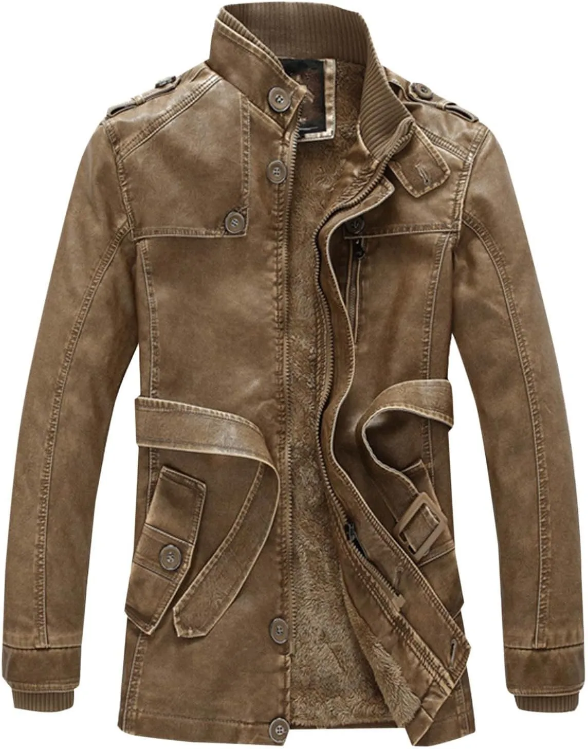Mens Faux Leather Jacket Fleece Lined Long Sleeve Full Zip Up Jacket Biker Motorcycle Coat with Pockets