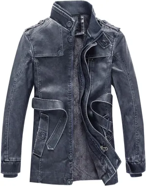 Mens Faux Leather Jacket Fleece Lined Long Sleeve Full Zip Up Jacket Biker Motorcycle Coat with Pockets