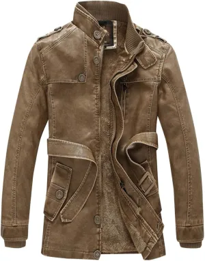 Mens Faux Leather Jacket Fleece Lined Long Sleeve Full Zip Up Jacket Biker Motorcycle Coat with Pockets