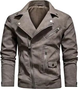 Mens Faux Leather Jacket PU Leather Retro Zip-Up Stylish Motorcycle Biker Jacket Long Sleeve Steampunk Coat