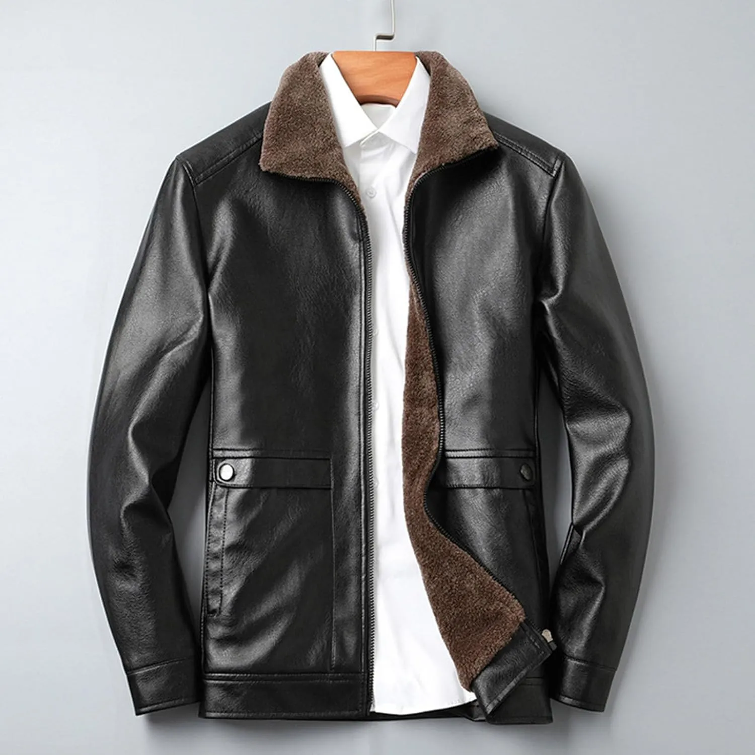 Mens Faux Leather Sherpa Lined Jacket Long Sleeve Full Zip Fleece PU Leather Jacket Motorcycle Biker Jacket