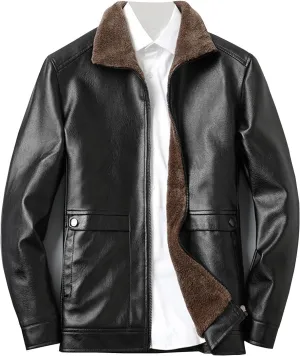Mens Faux Leather Sherpa Lined Jacket Long Sleeve Full Zip Fleece PU Leather Jacket Motorcycle Biker Jacket