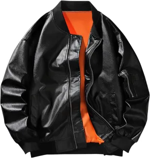 Mens Faux PU Leather Jacket Trendy Casual Coat Baggy Zipper Outerwear Motorcycle Biker Bomber Jacket