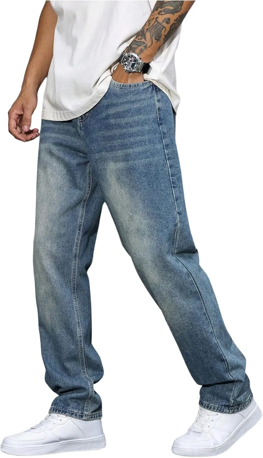 Men's High Waisted Jeans Straight Leg Denim Pants Trendy Jeans Streetwear