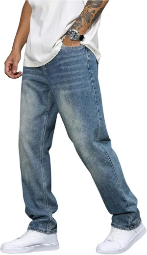 Men's High Waisted Jeans Straight Leg Denim Pants Trendy Jeans Streetwear