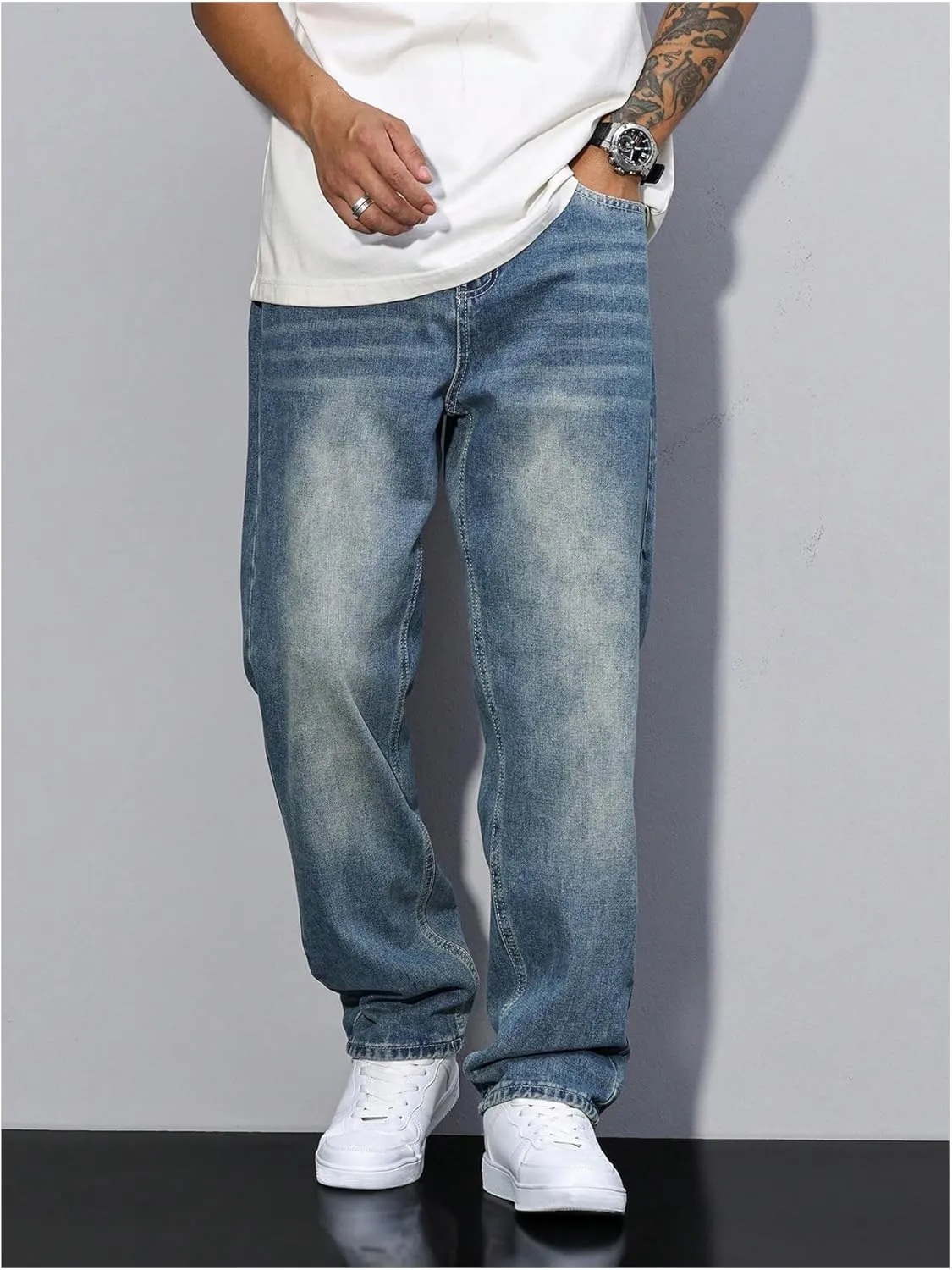 Men's High Waisted Jeans Straight Leg Denim Pants Trendy Jeans Streetwear