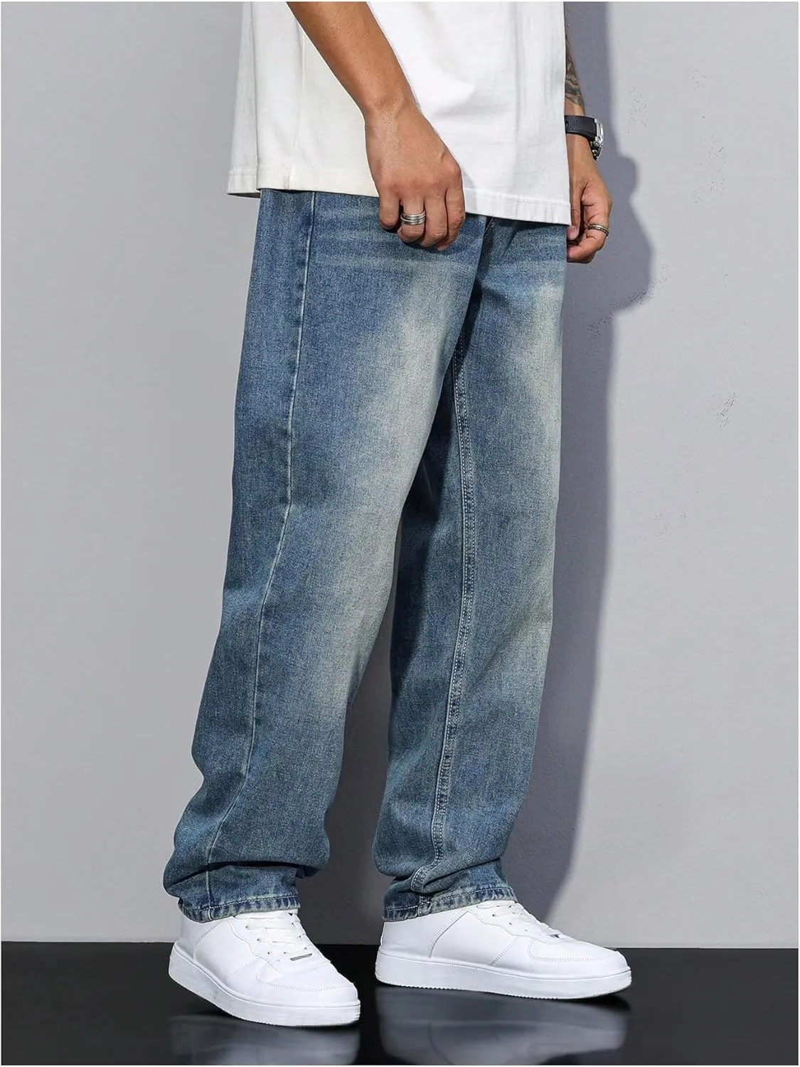 Men's High Waisted Jeans Straight Leg Denim Pants Trendy Jeans Streetwear