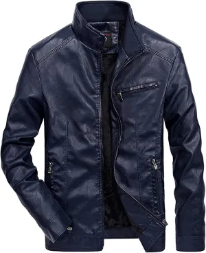 Mens Leather Jacket Slim Fit Motorcycle Biker Jackets Long Sleeve Stand Collar Faux Leather Casual Bomber Coat