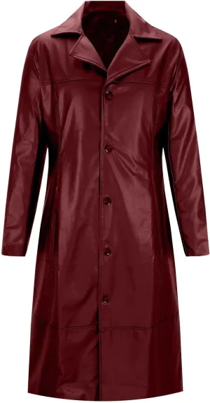 Mens Long Faux Leather Jacket Fashion Windbreaker Trench Coat Long Sleeve Lapel PU Leather Motorcycle Biker Jacket