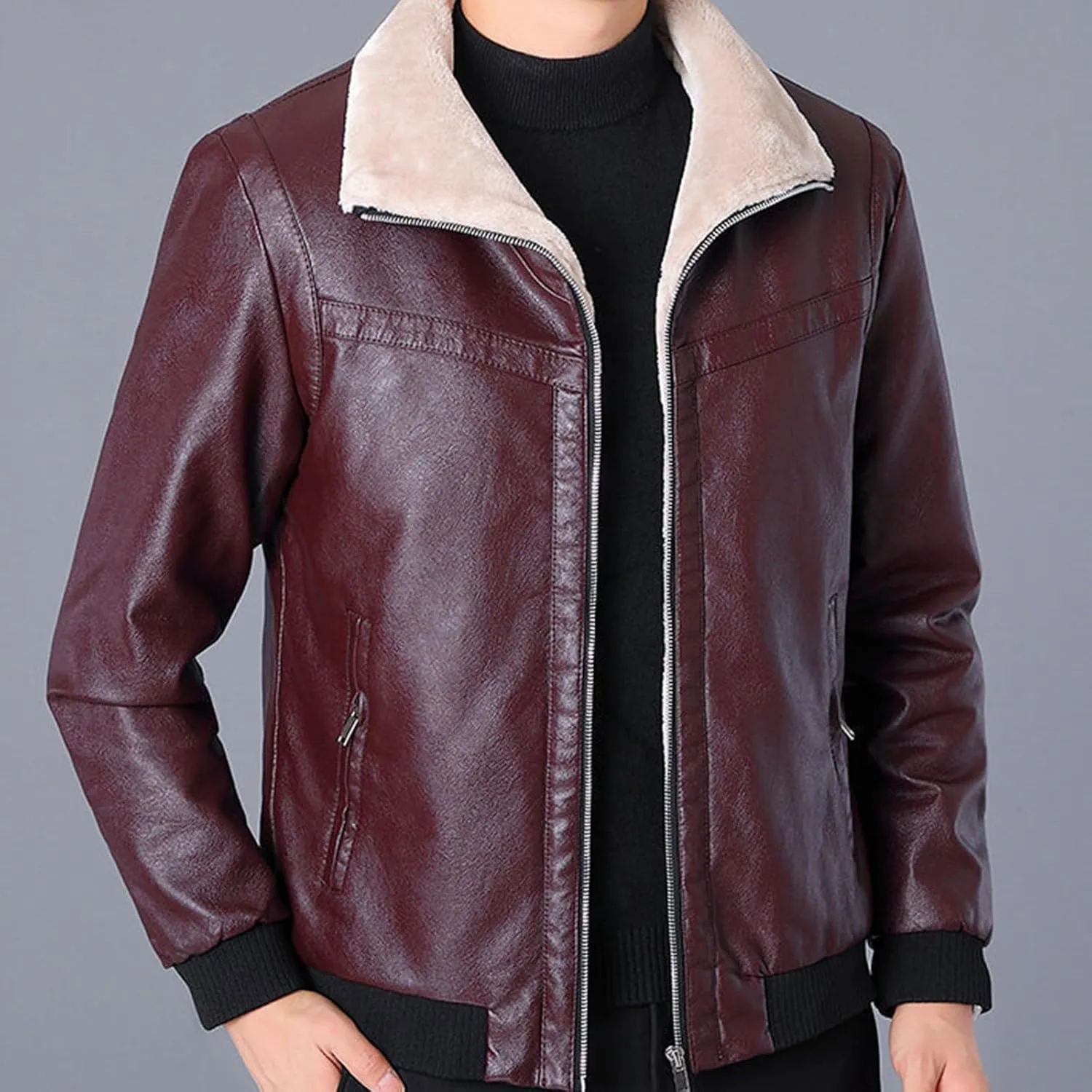 Men's Sherpa Lined Leather Jacket Fall Winter Warm Bomber Coat Plus Size Zip Up Outerwear Motorcycle Aviator Jackets