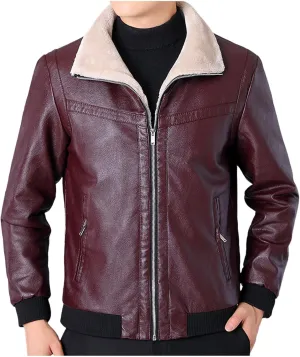 Men's Sherpa Lined Leather Jacket Fall Winter Warm Bomber Coat Plus Size Zip Up Outerwear Motorcycle Aviator Jackets