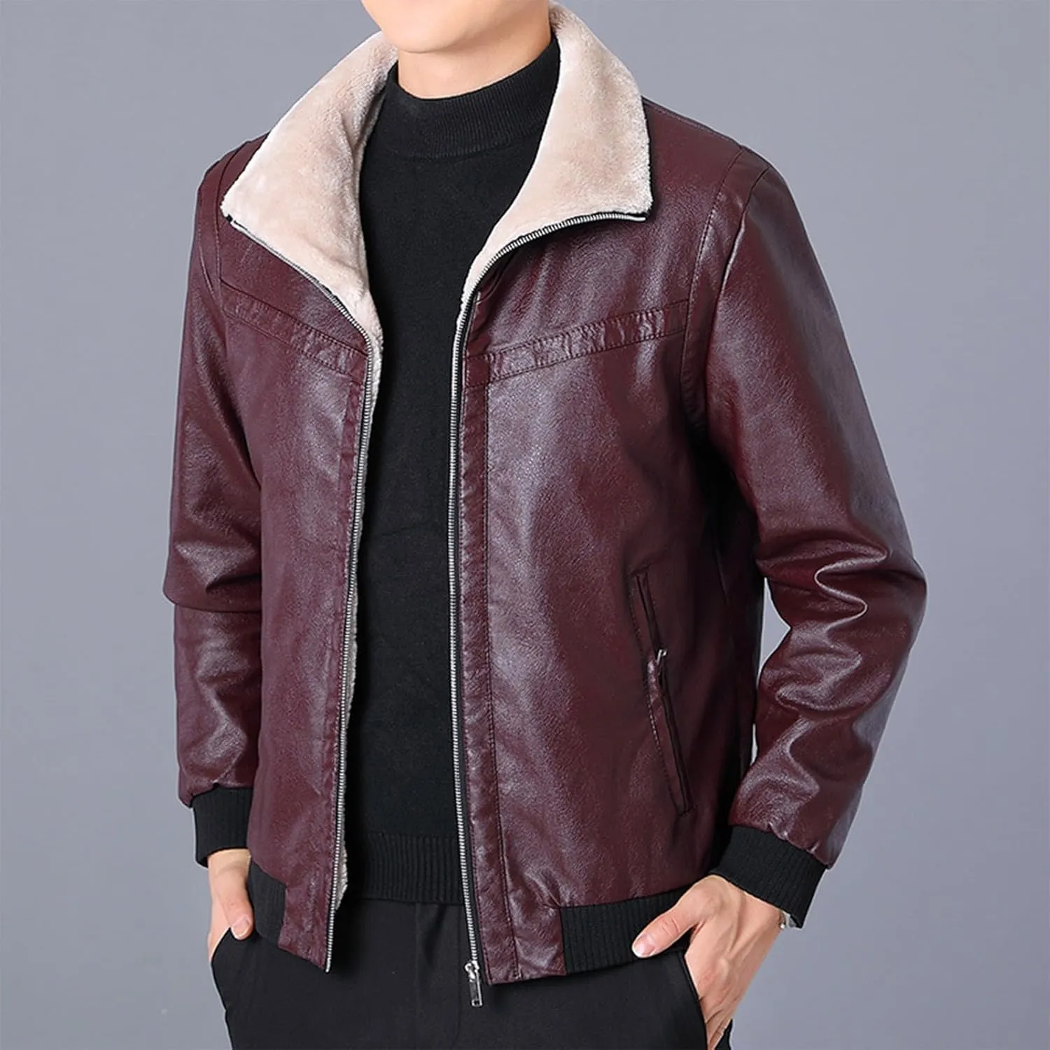 Men's Sherpa Lined Leather Jacket Fall Winter Warm Bomber Coat Plus Size Zip Up Outerwear Motorcycle Aviator Jackets