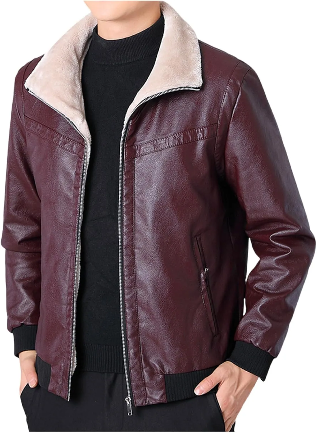 Men's Sherpa Lined Leather Jacket Fall Winter Warm Bomber Coat Plus Size Zip Up Outerwear Motorcycle Aviator Jackets