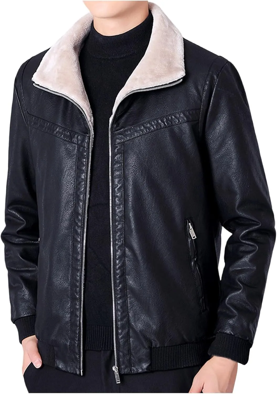 Men's Sherpa Lined Leather Jacket Fall Winter Warm Bomber Coat Plus Size Zip Up Outerwear Motorcycle Aviator Jackets