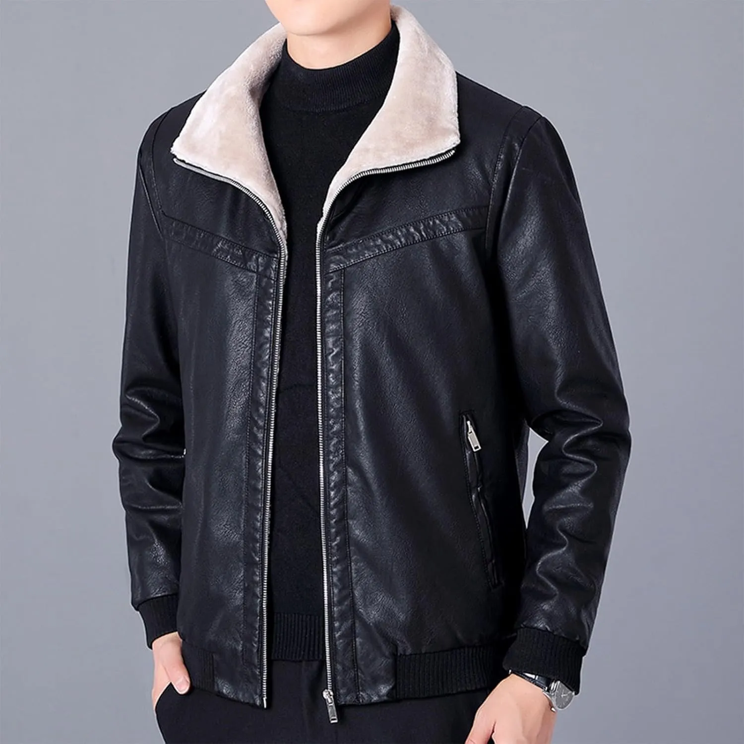 Men's Sherpa Lined Leather Jacket Fall Winter Warm Bomber Coat Plus Size Zip Up Outerwear Motorcycle Aviator Jackets