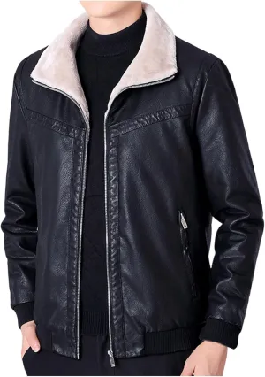 Men's Sherpa Lined Leather Jacket Fall Winter Warm Bomber Coat Plus Size Zip Up Outerwear Motorcycle Aviator Jackets