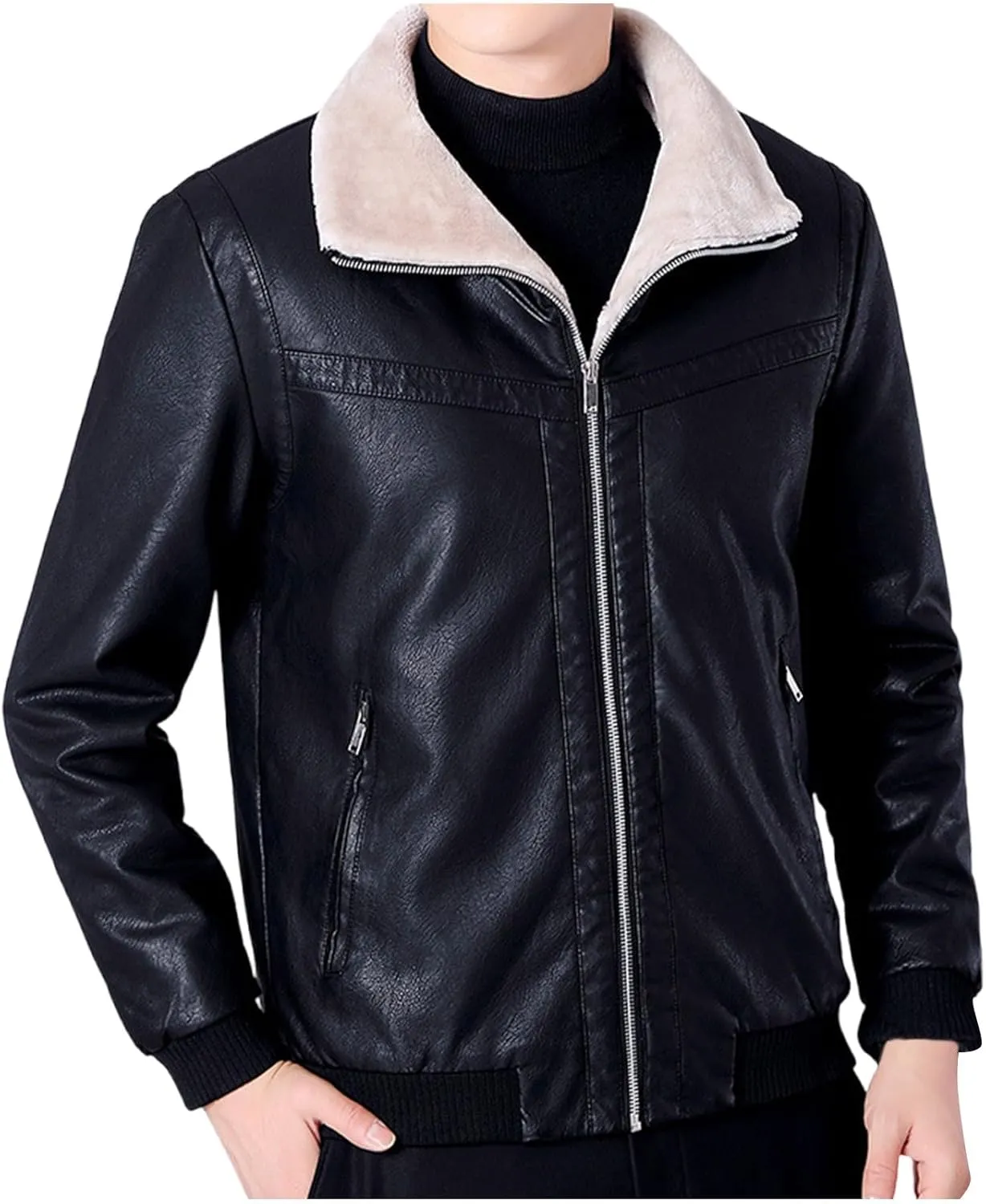 Men's Sherpa Lined Leather Jacket Fall Winter Warm Bomber Coat Plus Size Zip Up Outerwear Motorcycle Aviator Jackets