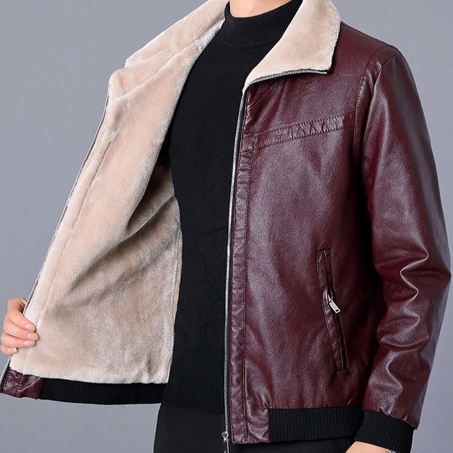 Men's Sherpa Lined Leather Jacket Fall Winter Warm Bomber Coat Plus Size Zip Up Outerwear Motorcycle Aviator Jackets