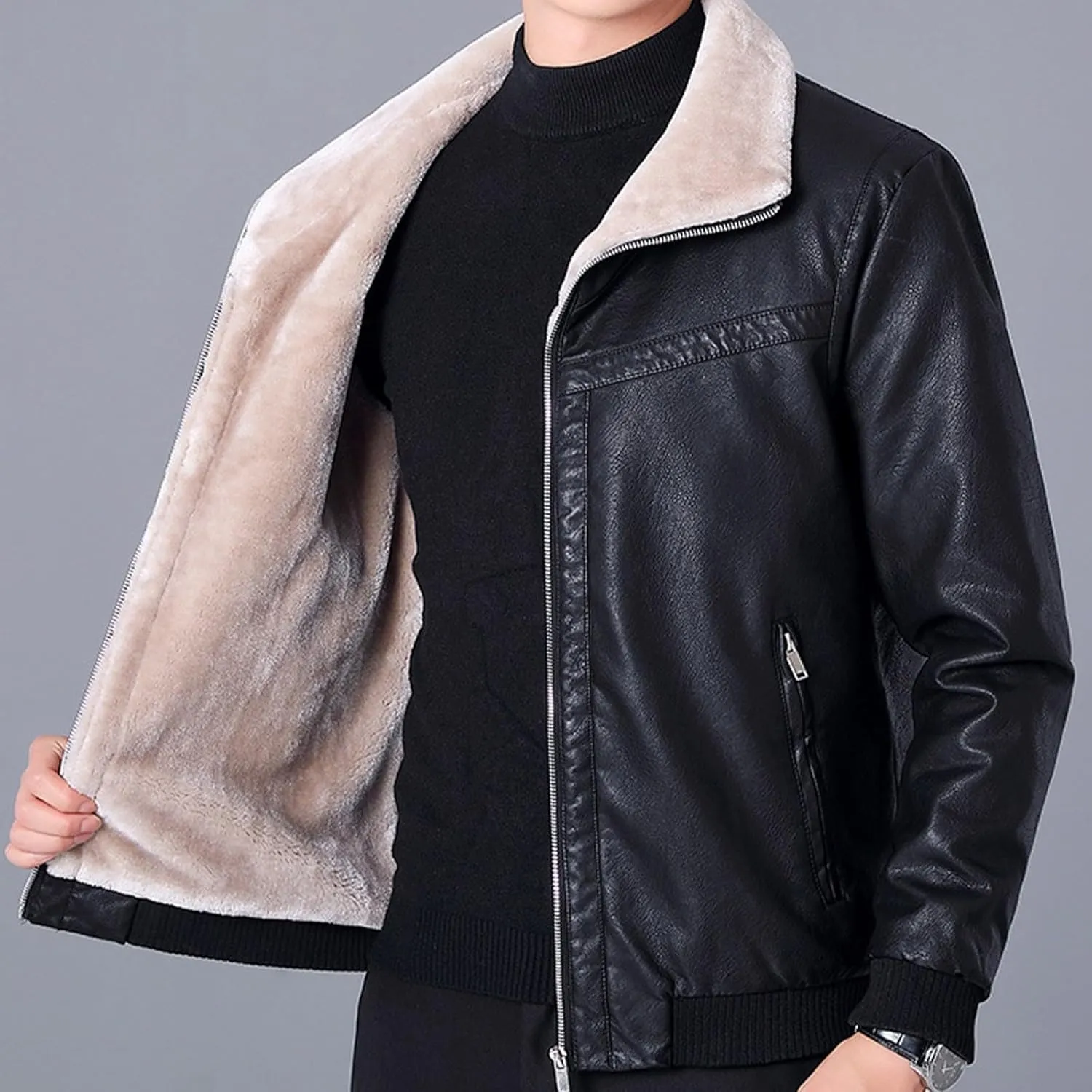 Men's Sherpa Lined Leather Jacket Fall Winter Warm Bomber Coat Plus Size Zip Up Outerwear Motorcycle Aviator Jackets