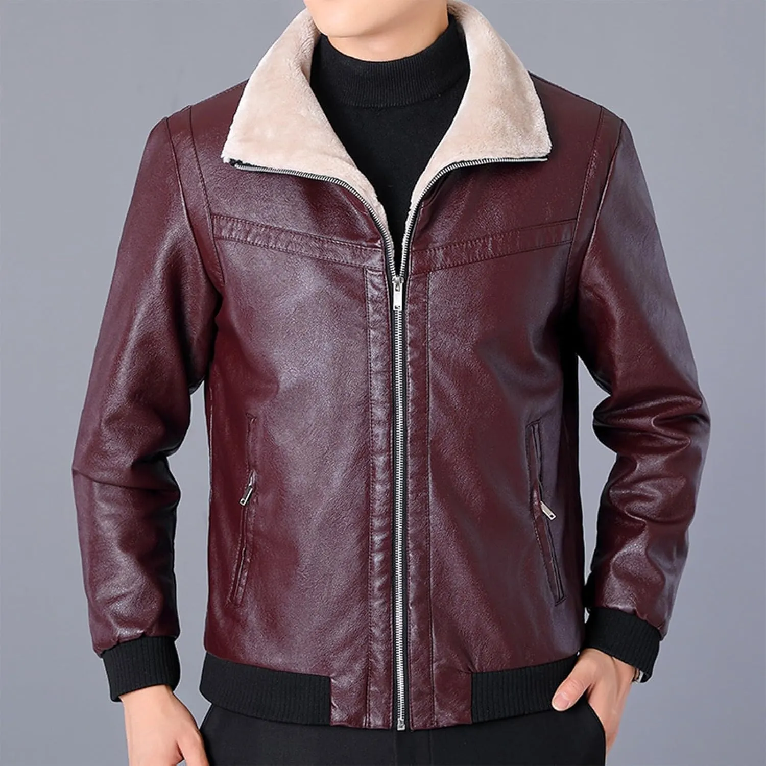 Men's Sherpa Lined Leather Jacket Fall Winter Warm Bomber Coat Plus Size Zip Up Outerwear Motorcycle Aviator Jackets