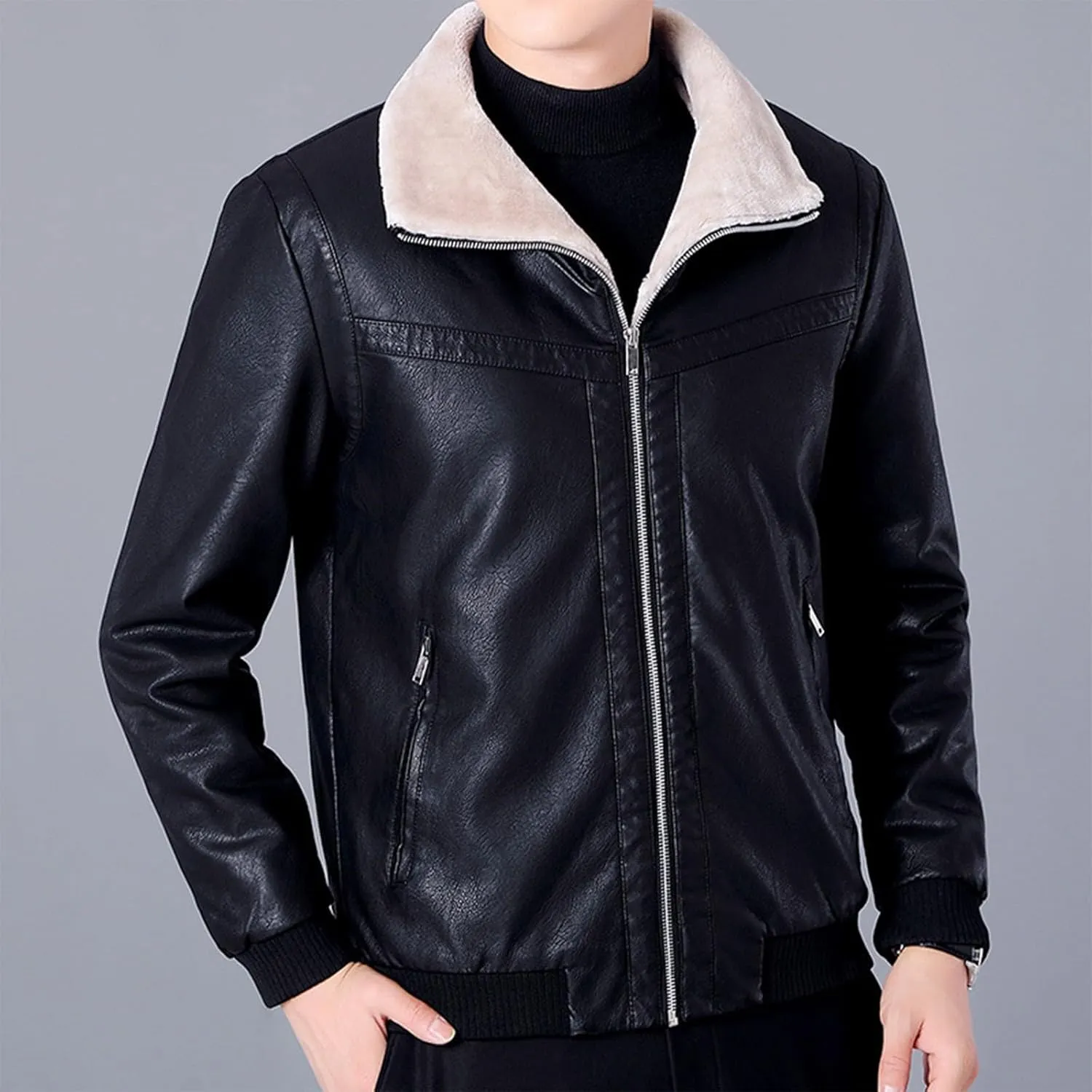 Men's Sherpa Lined Leather Jacket Fall Winter Warm Bomber Coat Plus Size Zip Up Outerwear Motorcycle Aviator Jackets