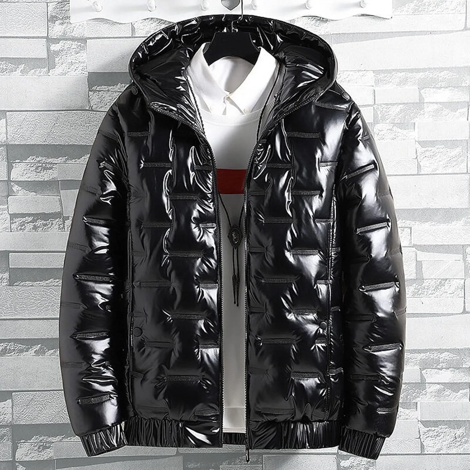 Men's Shiny Winter Jacket Heavyweight Puffer Jacket Casual Coat for Men Windproof Packable Down Hooded Jacket