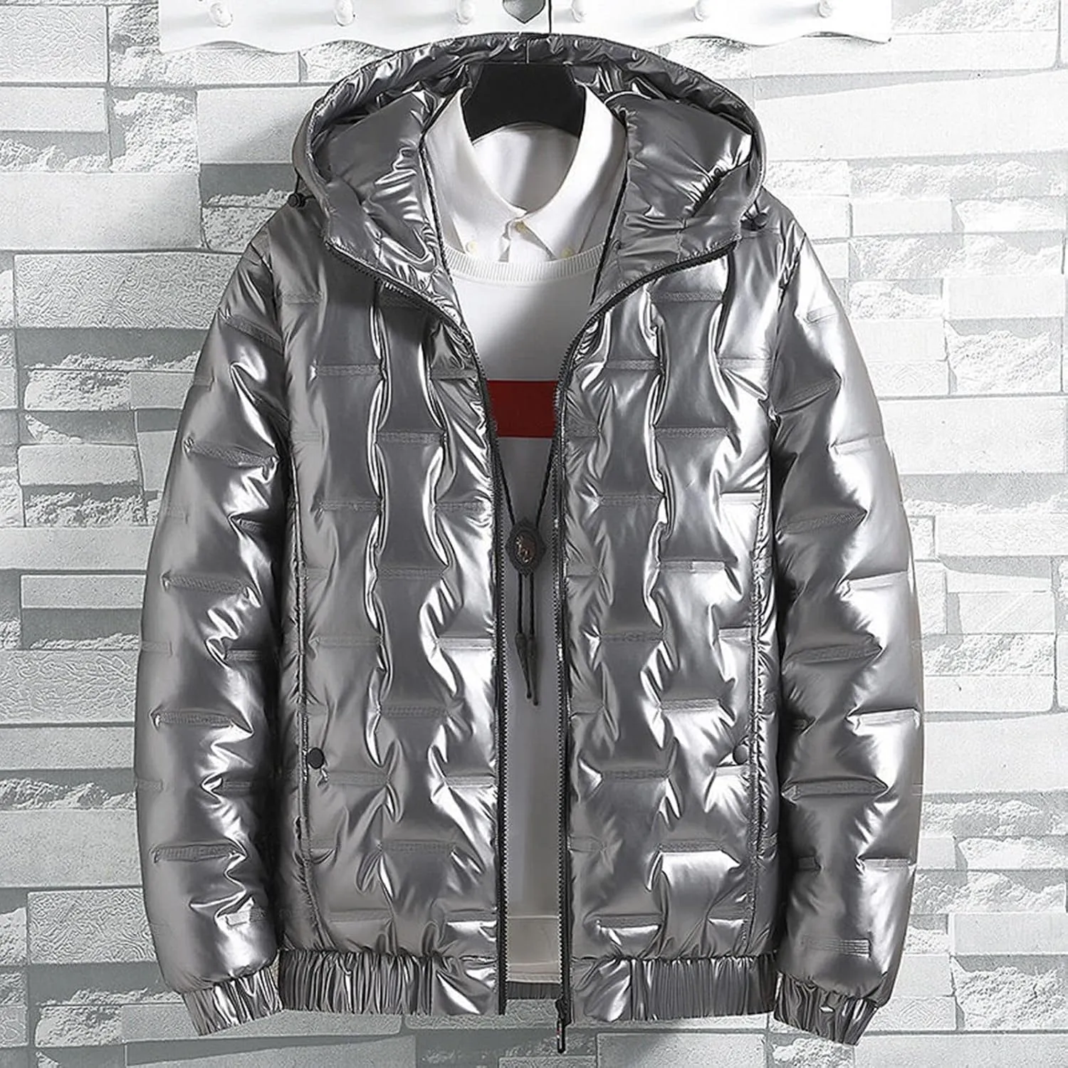 Men's Shiny Winter Jacket Heavyweight Puffer Jacket Casual Coat for Men Windproof Packable Down Hooded Jacket