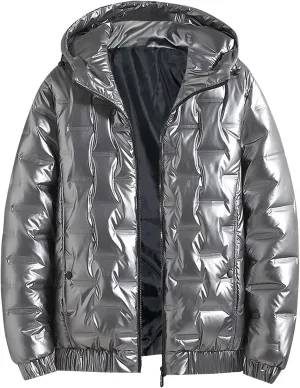 Men's Shiny Winter Jacket Heavyweight Puffer Jacket Casual Coat for Men Windproof Packable Down Hooded Jacket