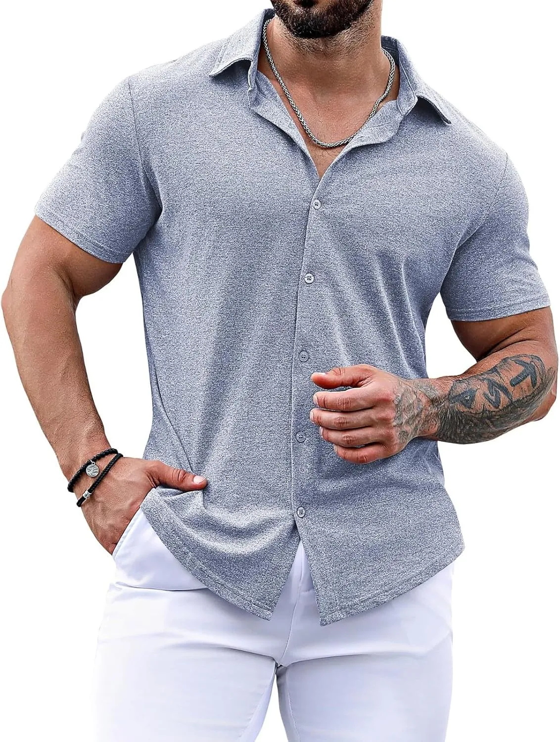 Mens Short Sleeve Button Down Shirt Loose Fit Dress Shirt Lightweight Lapel Casual Textured Shirt Summer Beach Shirt
