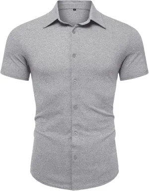 Mens Short Sleeve Button Down Shirt Loose Fit Dress Shirt Lightweight Lapel Casual Textured Shirt Summer Beach Shirt