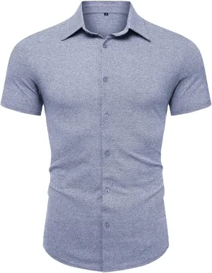 Mens Short Sleeve Button Down Shirt Loose Fit Dress Shirt Lightweight Lapel Casual Textured Shirt Summer Beach Shirt
