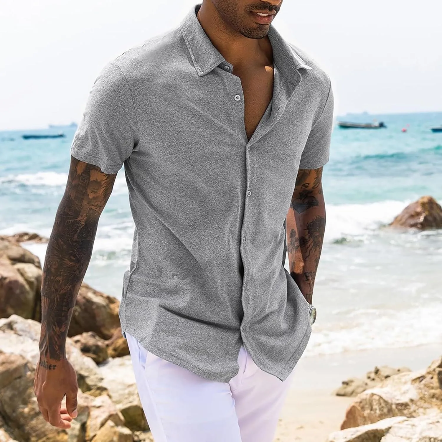 Mens Short Sleeve Button Down Shirt Loose Fit Dress Shirt Lightweight Lapel Casual Textured Shirt Summer Beach Shirt