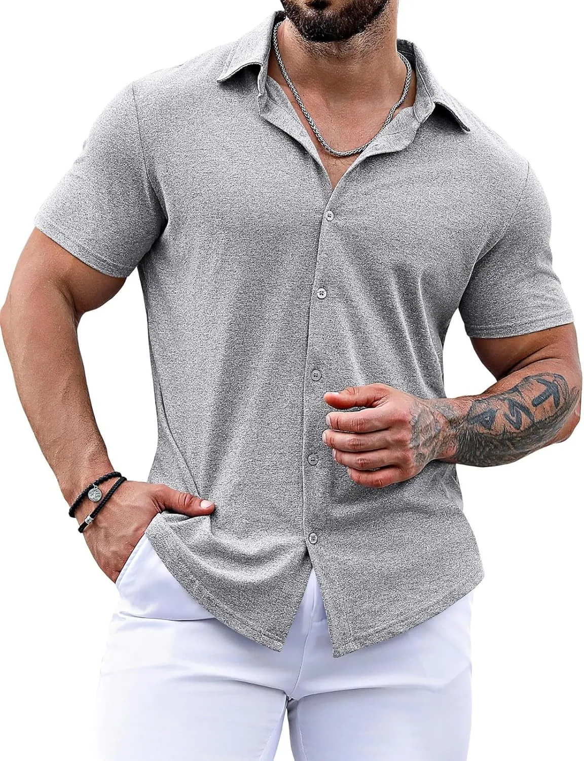 Mens Short Sleeve Button Down Shirt Loose Fit Dress Shirt Lightweight Lapel Casual Textured Shirt Summer Beach Shirt