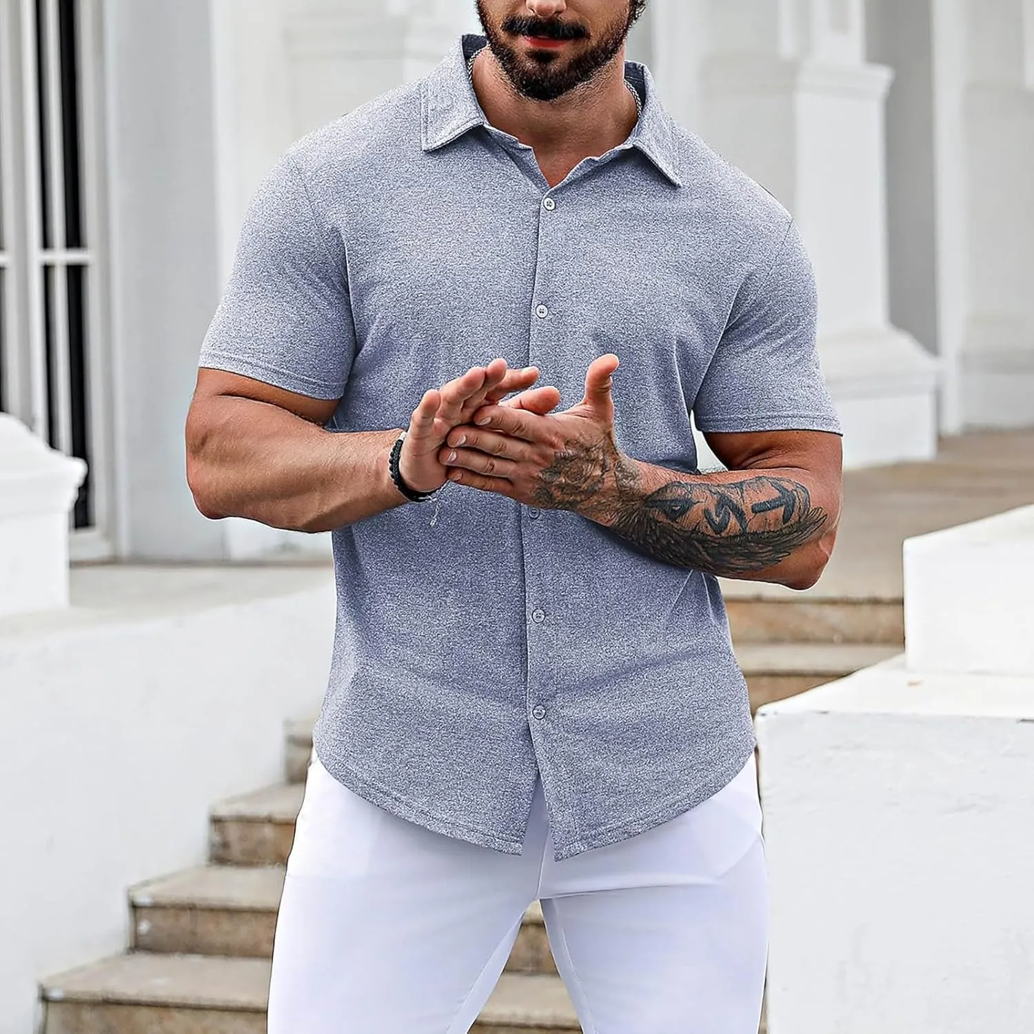 Mens Short Sleeve Button Down Shirt Loose Fit Dress Shirt Lightweight Lapel Casual Textured Shirt Summer Beach Shirt