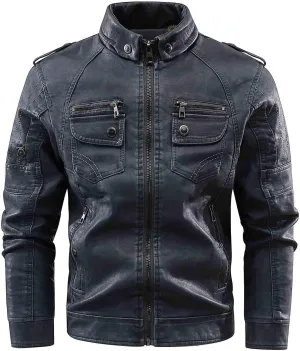 Mens Slim Fit Black Leather Jacket PU Leather Motorcycle Jacket Faux Leather Biker Jacket with Multi-Pockets