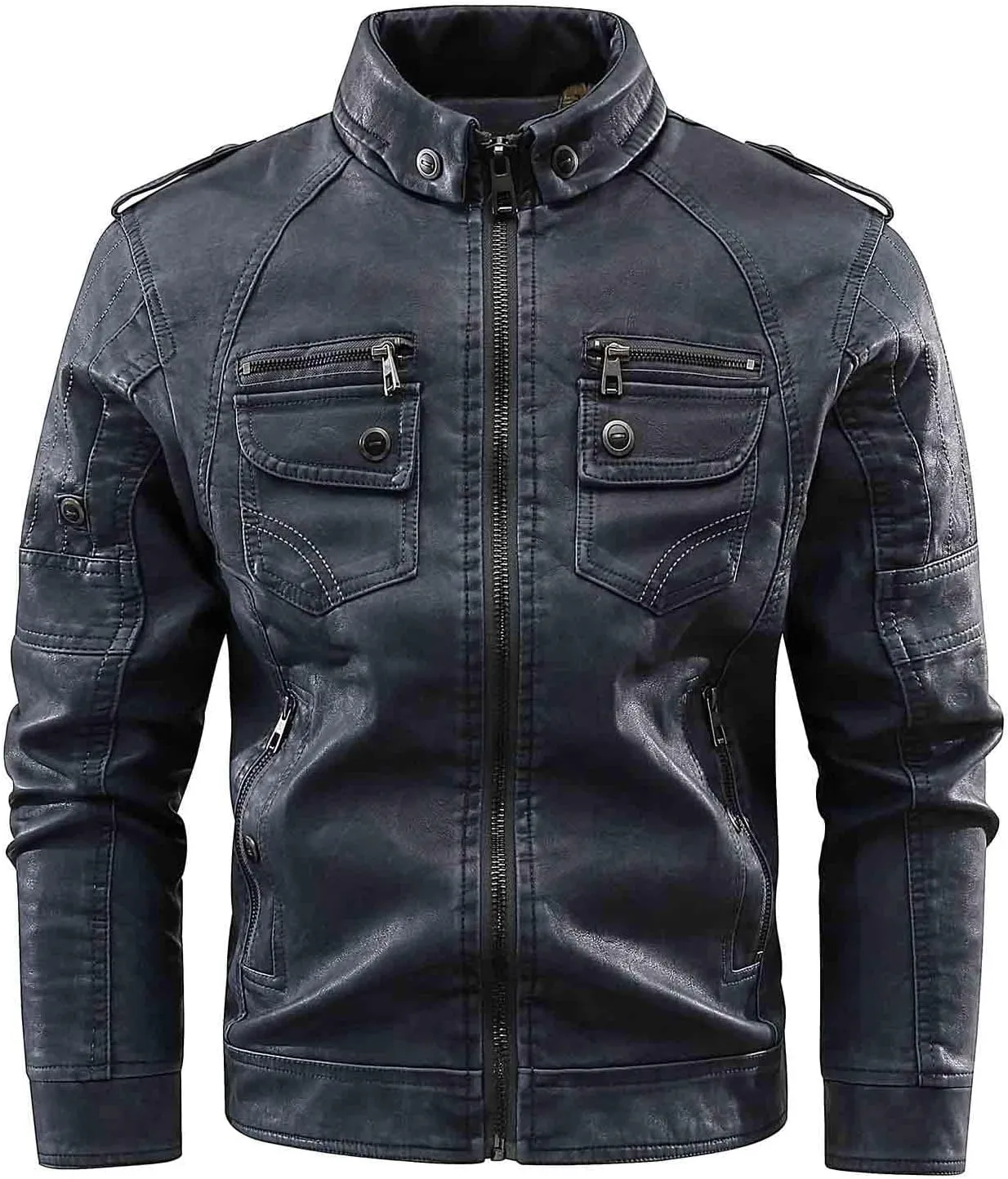 Mens Slim Fit Black Leather Jacket PU Leather Motorcycle Jacket Faux Leather Biker Jacket with Multi-Pockets