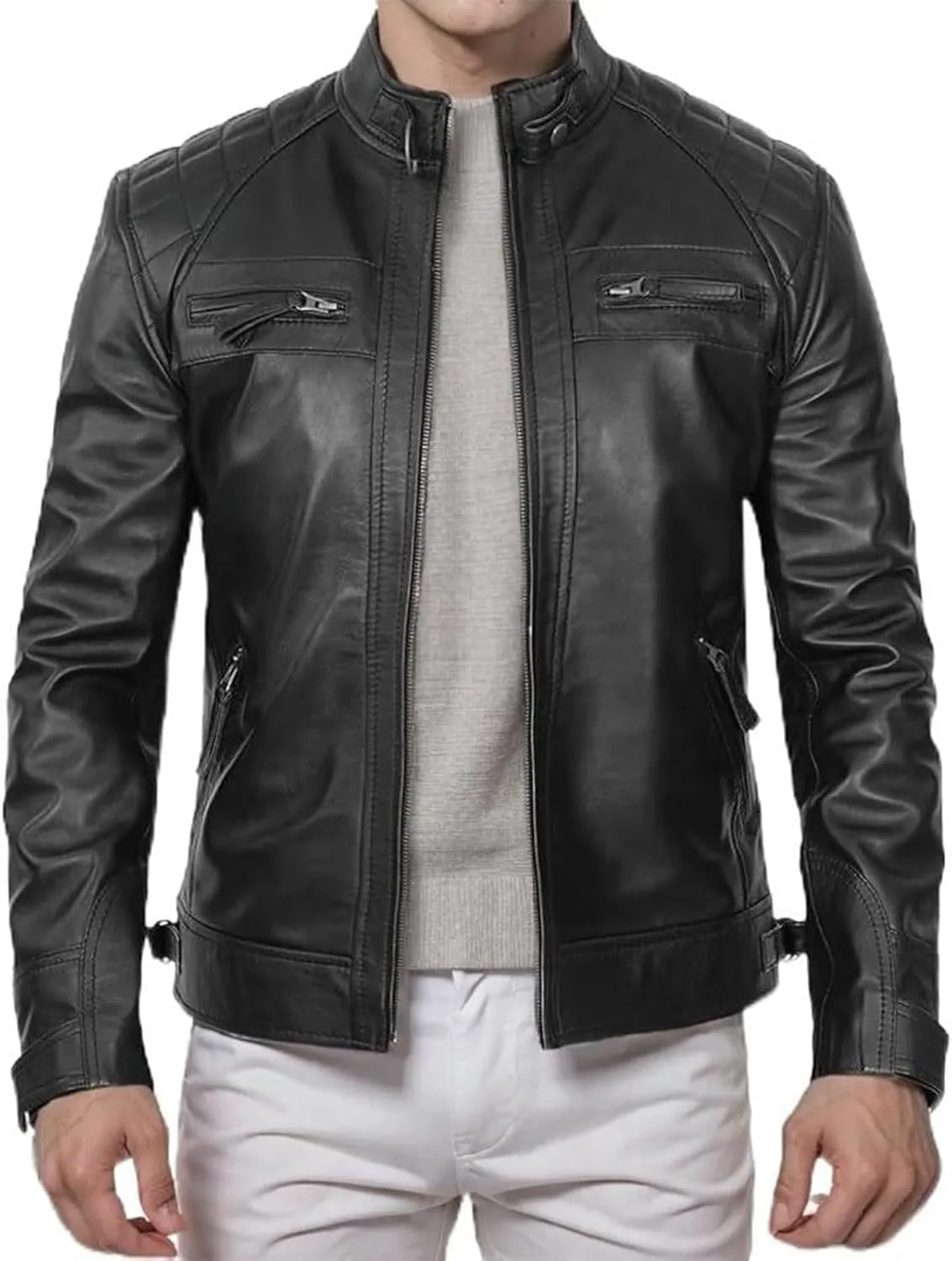 Mens Slim Fit Faux Leather Jacket Brown Long Sleeve Lightweight Motorcycle Jacket Zip Up Biker Bomber Jacket