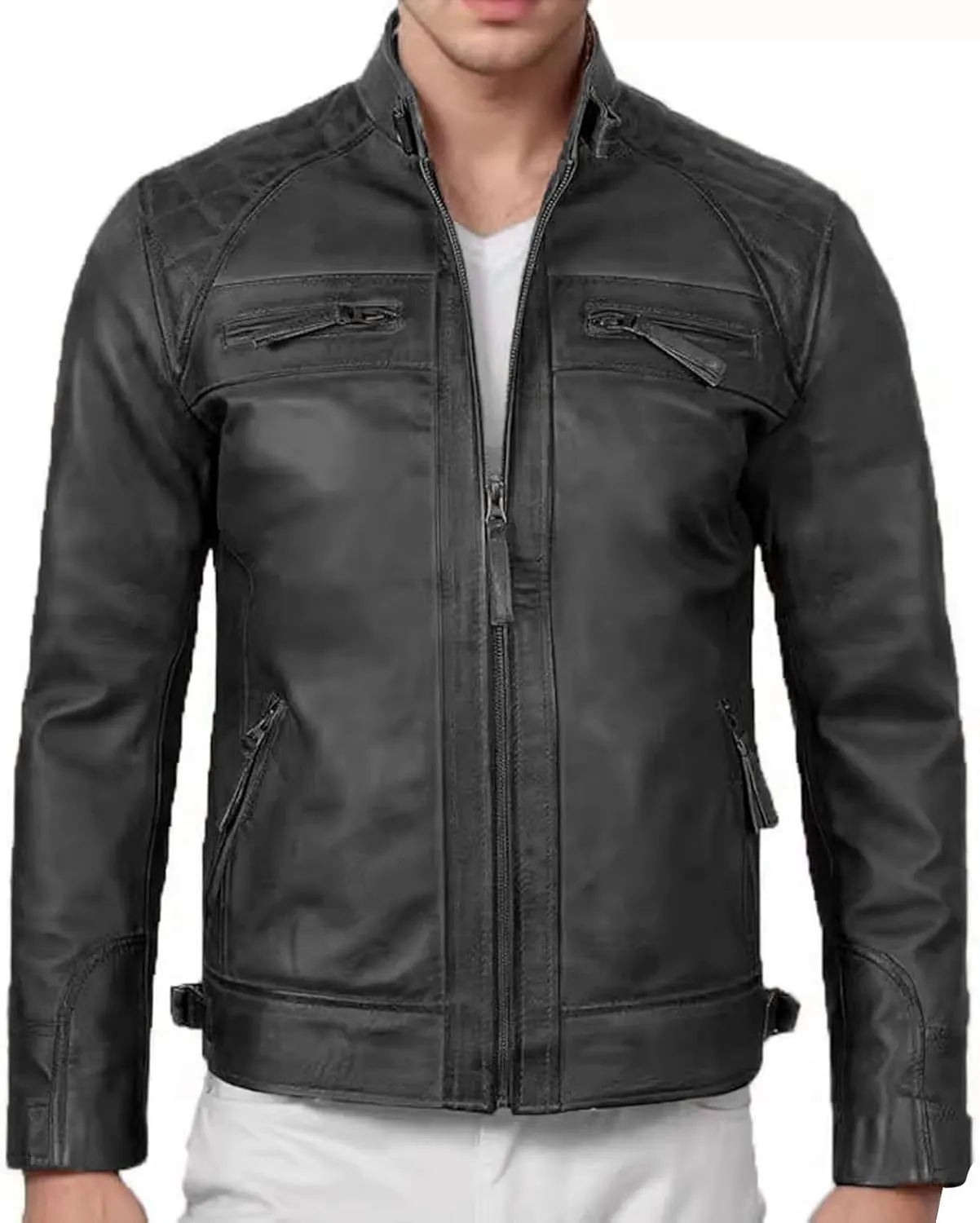 Mens Slim Fit Faux Leather Jacket Brown Long Sleeve Lightweight Motorcycle Jacket Zip Up Biker Bomber Jacket