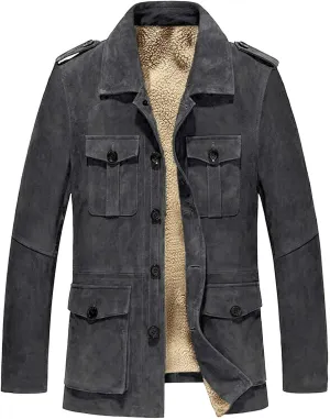 Mens Suede Jacket Vintage Faux Leather Jackets Button Down Winter Coats Sherpa Lined Truck Jacket Plus Size Outerwear